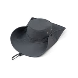 A wide brim sun hat in black with a textured finish and a flared brim. It has a circular crown and a logo.