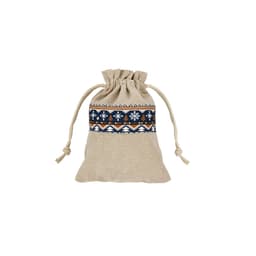 A cotton linen drawstring bag in natural beige with a decorative blue and brown patchwork design.