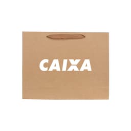 A large brown paper bag with fabric flat handles and a logo on the front.