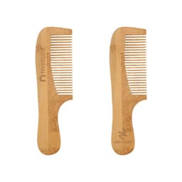 A natural bamboo comb with a handle, featuring a smooth finish and light brown colour, with logos on each side.
