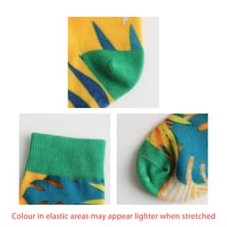 Colourful digital printed socks featuring green and yellow tropical designs, with elastic areas that may appear lighter when stretched.