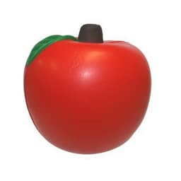 A red apple-shaped stress reliever with a green leaf and black stem. It features a logo.