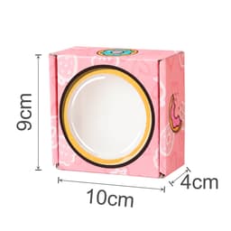 A pink custom gift box with a round window, measuring 9cm high, 10cm wide, and 4cm deep, featuring playful designs.