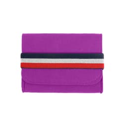 A purple felt travel organiser with a striped elastic band in red, white, and navy. It features a logo.