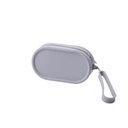 A round grey silicone storage bag with a zip closure and a wrist strap. It features a logo on one side.
