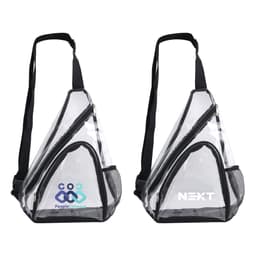 A clear PVC sling bag with black accents and mesh detailing, featuring two different logos on either side.