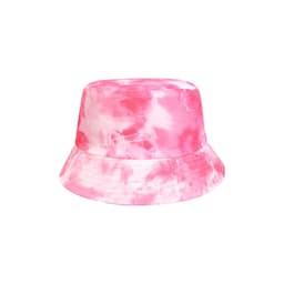 A tie dye bucket hat in shades of pink, featuring a wide brim and a soft fabric. It has a logo on the side.