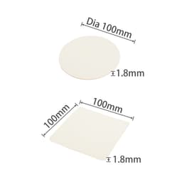 A round and a square absorbent paper coaster in a light colour, each measuring 100mm in diameter or width and 1.8mm thick.