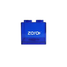 A blue square block coin bank with two top studs and a logo. The design is clear and modern, suitable for home decor.