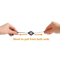 A pair of black retractable earbuds held by hands, showcasing the pull mechanism with a central control unit.