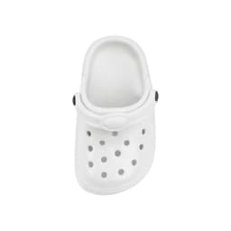A white classic clog shoe fridge magnet with perforations and a black strap, featuring a logo.