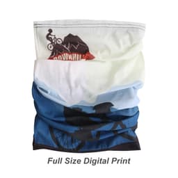 An RPET neck gaiter featuring a blue and green gradient design with bicycle graphics and a logo.