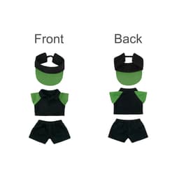 A plush doll racing suit set featuring a black and green outfit with a matching cap. Includes front and back views.