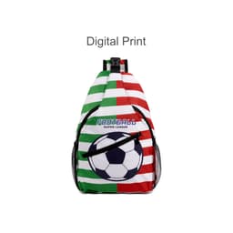 A crossbody bag featuring a football motif with red, green, and white stripes, and a mesh side pocket.