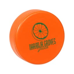 An orange hockey puck-shaped stress reliever with a logo on the surface, designed for fun and stress relief.