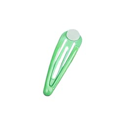 A green hair clip with a circular top and a sleek design, featuring a logo on the surface.