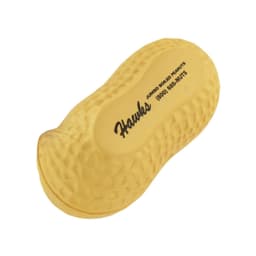 A yellow peanut-shaped stress reliever with a textured surface and a logo on one side.