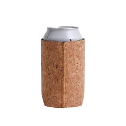 A cork stubby holder in a natural colour, holding a can. The holder features stitching and has a logo.