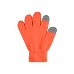 A pair of vibrant orange knitted gloves with grey tips, featuring a woven label.