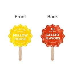 A custom-shaped paper hand fan with a yellow front featuring a starburst design and a red back with a different starburst.