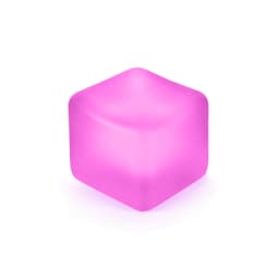 A pink squishy stress relief cube with smooth edges, featuring a glossy finish. It includes a logo on one side.