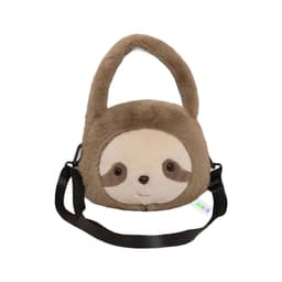A brown plush handbag shaped like a sloth, featuring a soft exterior and a black shoulder strap. It has a cute face and branding.