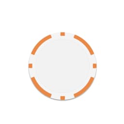 A round poker chip in white with orange accents on the edges. It has a smooth surface and no text.
