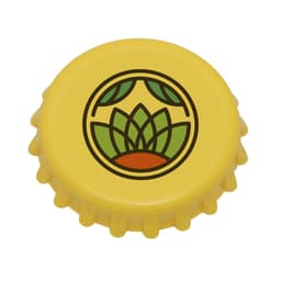 A drink bottle cap featuring a vibrant yellow design with a green logo and textured edges.