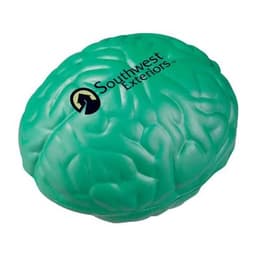 A green brain-shaped stress reliever with a logo on one side, made of soft, squeezable material.
