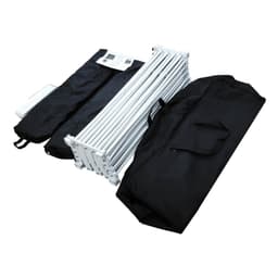 A collapsible display wall frame in white, packaged with a black carrying bag. Ideal for exhibitions and events.