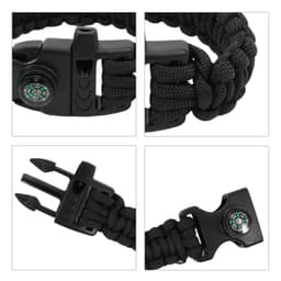 A black paracord bracelet featuring a compass, whistle, and emergency survival tools. Includes a buckle for secure fastening.