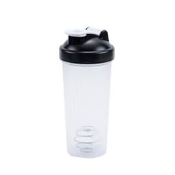 A drink bottle with a clear body, black lid, and white spout, designed for fitness and protein shakes.