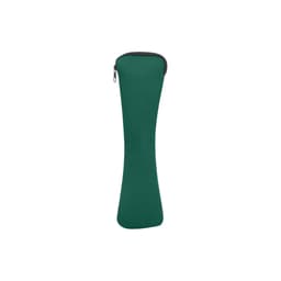 A green zippered pouch designed for storing utensils, featuring a sleek and curved shape.