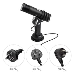 A black 25W LED logo projector light with adjustable mounting and different plug options displayed beneath it.