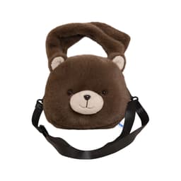 A brown plush handbag shaped like a bear, featuring a soft texture and a smiley face, with a detachable strap.