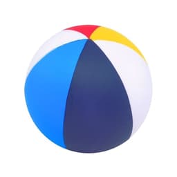 A colourful beach ball-shaped stress reliever featuring blue, red, yellow, and white sections, with a smooth surface.