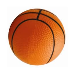 An orange basketball-shaped stress reliever featuring textured panels and black lines, with a logo on the surface.
