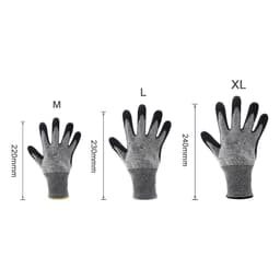 Cut resistant nitrile gloves in grey with black fingertips, displayed in three sizes: M, L, and XL.