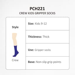 A pair of thick crew socks for kids in navy blue, featuring non-slip grip points and a logo.
