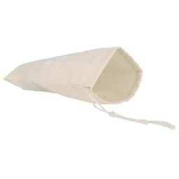 A large, cream cotton produce bag with a drawstring closure and a logo on the side.