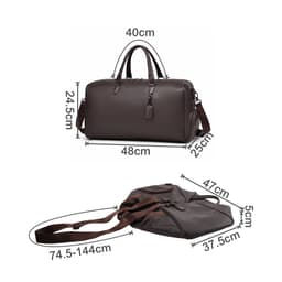 A brown polyurethane duffle bag with dual handles, adjustable shoulder strap, and dimensions provided.