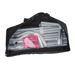 A black carrying bag containing various grey fabric display components and a pink item.