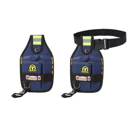 A blue portable tool waist pouch with reflective stripes, featuring pockets and a belt attachment. It has a logo.
