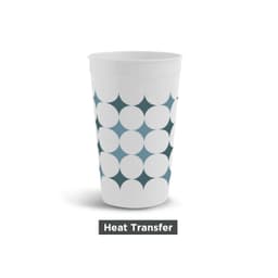 A plastic stadium cup in white featuring a blue geometric design and a logo.