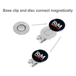 A golf ball marker in black with a base clip that connects magnetically, showcasing a silver finish.