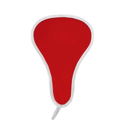 A red foldable event fan with a white trim and a handle. It features a logo or branding.