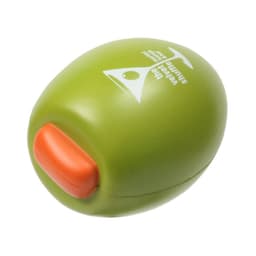 An olive-shaped stress reliever in green with an orange button. Features a logo on the surface.