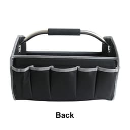 A black tool carrier bag with multiple pockets and a metal handle. The back view displays its organisational features.