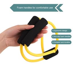 A Figure 8 resistance band with black foam handles and yellow elastic bands, featuring an ergonomic design.