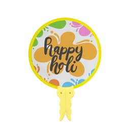 A round, yellow foldable fan with a vibrant design featuring flowers and the text "happy holi."